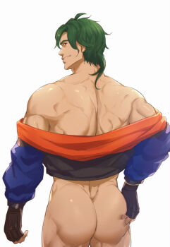 1boy ass ass_focus bara bare_back chachi_(soulga) cowboy_shot from_behind grabbing_own_ass green_hair jacket joe_(sk8) looking_back male_focus medium_hair muscular muscular_male naked_jacket open_clothes open_jacket sk8_the_infinity smile solo