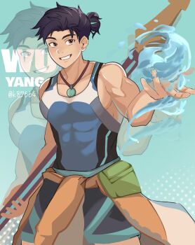 Rule 34 | 1boy, artist name, asymmetrical gloves, bare shoulders, belt, black hair, black shorts, blue belt, blue tank top, bodysuit, brown eyes, character name, clothes around waist, collarbone, covered abs, covered pectorals, earrings, elbow gloves, fingerless gloves, gloves, hair bun, highres, holding, holding behind back, holding polearm, holding weapon, holding weapon behind back, hydrokinesis, jade (gemstone), jewelry, male focus, necklace, overwatch, pectorals, pelvic curtain, pendant, polearm, pouch, rectangular earrings, shorts, sidepec, simple background, single earring, single elbow glove, sleeveless, sleeveless bodysuit, tank top, tight clothes, toned, toned male, topknot, uneven gloves, user mtwp7388, water, weapon, wuyang (overwatch), yaopei, zoom layer
