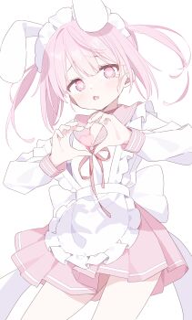 Rule 34 | 1girl, absurdres, animal ears, apron, back bow, blush, bow, commentary request, cowboy shot, frilled apron, frills, heart, heart-shaped pupils, heart hands, heart in heart hands, highres, long sleeves, looking at viewer, maid headdress, neck ribbon, open mouth, original, pink eyes, pink hair, pink sailor collar, pink skirt, pleated skirt, rabbit ears, rabbit girl, red ribbon, ribbon, sailor collar, school uniform, serafuku, shirt, short hair, simple background, skirt, solo, striped clothes, striped skirt, symbol-shaped pupils, two side up, urotsuki (ku9625), white apron, white background, white shirt