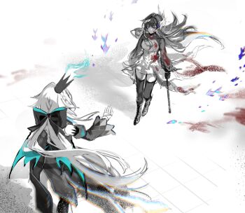 2girls back bare_shoulders blood blood_on_clothes blood_stain blue_fire blunt_bangs blurry blurry_foreground bow cane cerydra_(honkai:_star_rail) chinese_commentary couple crown detached_sleeves dress fire fish floating_hair from_above from_behind from_side hair_bow hair_flowing_over hair_ornament highres holding holding_cane honkai:_star_rail honkai_(series) hysilens_(honkai:_star_rail) long_hair long_sleeves mangzhi_yaoyao multiple_girls partially_colored rainbow reaching reaching_towards_another standing thighhighs walking white_background wide_sleeves