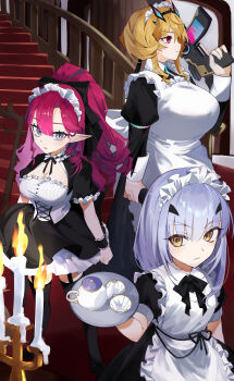 3girls absurdres alternate_costume apron baobhan_sith_(fate) barghest_(fate) barghest_(swimsuit_archer)_(second_ascension)_(fate) blonde_hair breasts cleavage cup enmaided faerie_knights_(fate) fate/grand_order fate_(series) grey_eyes highres holding holding_tray large_breasts ma_ple maid maid_apron maid_headdress medium_breasts melusine_(fate) multiple_girls pink_hair ponytail red_eyes small_breasts teacup teapot tray white_hair yellow_eyes