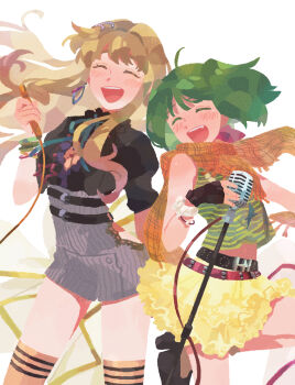 2girls absurdres blonde_hair blush bracelet commentary_request green_hair highres idol jewelry kneehighs macross macross_frontier microphone miniskirt multiple_girls ranka_lee ro_(tuyu_416) scarf sheryl_nome skirt socks