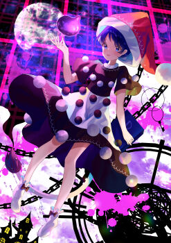 1girl absurdres armillary_sphere black_dress blue_eyes blue_hair book bow_legwear chain commentary doremy_sweet dream_world_(touhou) dress english_commentary floating hat highres holding holding_book large_hat mansion moon nettian51 nightcap open_mouth pink_liquid pom_pom_(clothes) red_hat short_hair socks solo tail touhou two-tone_dress white_dress white_socks