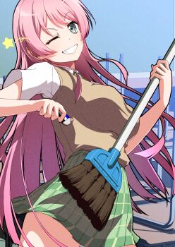 1girl ;d bang_dream! bang_dream!_it&#039;s_mygo!!!!! blush breasts broom broom_guitar brown_sweater_vest chair chihaya_anon classroom collared_shirt commentary_request cowboy_shot eraser green_necktie green_skirt grey_eyes grin hands_up haneoka_school_uniform highres hiraken holding holding_broom indoors large_breasts long_hair looking_at_viewer miniskirt necktie one_eye_closed open_mouth pink_hair plaid_clothes plaid_skirt school_chair school_uniform shirt short_sleeves skirt smile solo standing star_(symbol) sweater_vest unconventional_guitar very_long_hair white_shirt