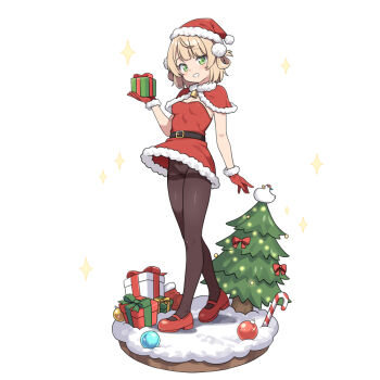 1girl black_pantyhose blonde_hair breasts capelet christmas christmas_tree clothes_lift dress fur-trimmed_dress fur_trim gift_wrapping gloves green_eyes hat hatsunatsu indie_virtual_youtuber looking_at_viewer medium_hair open_mouth pantyhose red_gloves santa_costume santa_dress santa_hat shigure_ui_(vtuber) shoes skirt skirt_lift small_breasts solo standing teeth