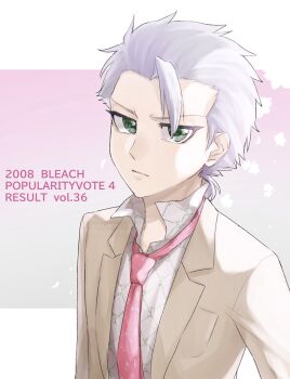 1046sstep_btoh 1boy bleach brown_jacket commentary_request copyright_name expressionless formal_clothes green_eyes grey_hair highres hitsugaya_toushirou jacket male_focus necktie official_alternate_costume pink_necktie shirt solo suit upper_body white_shirt