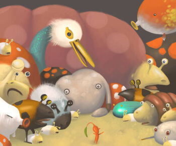 breadbug bulborb bulborb_larva burrowing_snagret colored_skin commentary creature creature_focus empress_bulblax english_commentary fangs fiery_blowhog frog from_behind hairy_bulborb iridescent_flint_beetle leaf mamuta nintendo no_humans okodama orange_bulborb outdoors pikmin_(creature) pikmin_(series) pikmin_2 pointy_nose red_pikmin red_skin size_difference spotty_bulbear underground withering_blowhog wollyhop