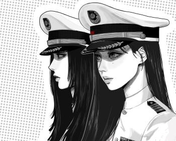 2girls aespa commentary company_connection east_asian from_side genie_(song) girls'_generation giselle_(aespa) greyscale hat highres jacket k-pop long_hair looking_ahead military_hat military_jacket military_uniform mole mole_under_eye monochrome multiple_girls ochy portrait profile real_life realistic shadow sm_entertainment untranslatable_commentary winter_(aespa)