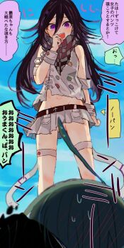 1boy 1girl ahoge black_hair blue_sky blush buttons checkered_clothes checkered_scarf commentary_request convenient_censoring danganronpa_(series) danganronpa_v3:_killing_harmony fang flipped_hair genderswap genderswap_(mtf) hair_between_eyes hair_blush hand_to_own_mouth long_hair looking_at_viewer miniskirt multicolored_buttons navel no_panties oma_kokichi open_mouth purple_eyes purple_hair saihara_shuichi scarf shirt short_hair skirt sky sleeveless sleeveless_shirt smile solo_focus speech_bubble standing sweatdrop thigh_strap toito_(pkmn_108) translation_request two-tone_scarf upskirt wrist_cuffs