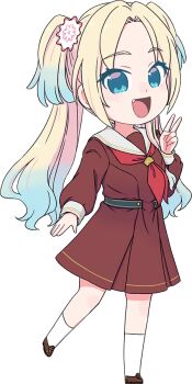 Rule 34 | 1girl, :d, ankle socks, blonde hair, blue eyes, blue hair, brown dress, brown shoes, curtained hair, dress, fang, flower, full body, game cg, gradient hair, hair flower, hair ornament, hand up, hasu no sora school uniform, leg up, link! like! love live!, loafers, long hair, long sleeves, love live!, medium dress, mizuki maya, multicolored hair, neckerchief, non-web source, official art, open mouth, osawa rurino, parted bangs, pink flower, pleated dress, red neckerchief, sailor collar, sailor dress, school uniform, self-datamine, shoes, simple background, smile, socks, solo, standing, standing on one leg, tachi-e, transparent background, twintails, v, virtual youtuber, white sailor collar, white socks, winter uniform