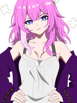 1girl absurdres alternate_breast_size_(larger) anger_vein bare_shoulders blue_eyes breasts cleavage coat commentary_request cyrene_(aedes_elysiae)_(honkai:_star_rail) cyrene_(honkai:_star_rail) dress highres honkai:_star_rail honkai_(series) looking_at_viewer medium_breasts medium_hair multicolored_hair pink_hair pout purple_coat simple_background solo tera3 two-tone_hair white_background white_dress white_hair