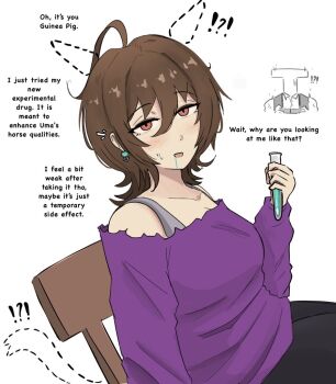!? 1boy 1girl :d agnes_tachyon_(casual)_(umamusume) agnes_tachyon_(umamusume) ahoge breasts brown_eyes brown_hair commentary dotted_line earrings english_commentary english_text hair_between_eyes humanization jewelry johnholl0w long_bangs looking_at_viewer medium_breasts no_animal_ears no_tail off-shoulder_shirt off_shoulder open_mouth potion purple_shirt shirt short_hair simple_background smile solo_focus t-head_trainer_(umamusume) trainer_(umamusume) umamusume upper_body vial white_background