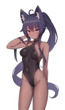 1girl absurdres ahoge animal_ears arm_behind_back arm_up bare_arms bare_shoulders black_hair black_leotard borrowed_character breasts brown_kemomimi-chan_(krr) commission covered_navel dark-skinned_female dark_skin grin groin highleg highleg_leotard highres kumarang leotard long_hair looking_at_viewer medium_breasts original ponytail purple_eyes smile solo standing thighs transparent_background very_long_hair wolf_ears