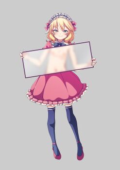 1girl biruchiru black_thighhighs blonde_hair blue_bow blue_bowtie blush bow bowtie breasts commentary_request dress frilled_hairband frills full_body green_eyes grey_background hairband highres holding idolmaster idolmaster_cinderella_girls loli looking_at_viewer navel nipples pink_dress pink_shoes sakurai_momoka shoes short_hair small_breasts smile solo stained_glass standing thighhighs wavy_hair