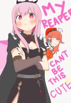 2girls absurdres beret black_cape black_dress black_nails can&#039;t_be_this_cute cape closed_mouth crossed_arms dress hat highres hololive hololive_english looking_at_viewer medium_hair mori_calliope mori_calliope_(1st_costume) multiple_girls nail_polish orange_hair orange_vest ore_no_imouto_ga_konna_ni_kawaii_wake_ga_nai parody pink_hair red_eyes spiked_cape takanashi_kiara takanashi_kiara_(1st_costume) tsundere vest virtual_youtuber yuusachii