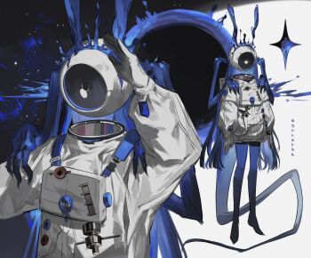 1girl alien arknights arm_up artist_name astronaut eyeball full_body gloves highres long_sleeves multiple_views potettoe spacesuit standing the_presence_(arknights) upper_body