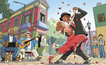 :d accordion argentina bald black_hat blue_sky brown_hair calico_(pattern) calico_cat cat commentary_request crossed_arms dancing dark_skin day dress facial_hair guitar gurihiru hair_bun hat high_heels holding_hands instrument lamppost looking_at_another multiple_boys multiple_girls music mustache open_mouth orange_hair original petals playing_guitar playing_instrument profile red_dress red_petals red_shoes rose_petals shirt shoes sky smile striped_clothes striped_shirt tan tango tree