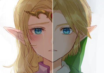1boy 1girl blonde_hair collared_shirt green_eyes green_headwear link long_hair nintendo pointy_ears portrait princess_zelda sad seri_(yuukasakura) shirt short_hair simple_background split_screen tears the_legend_of_zelda the_legend_of_zelda:_ocarina_of_time tiara white_background