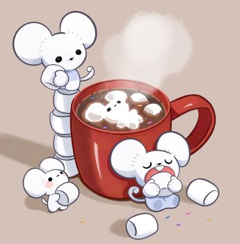black_eyes blush_stickers brown_background character-themed_food closed_eyes commentary cup drink eating english_commentary food highres holding holding_food hot_chocolate june_buns marshmallow maushold maushold_(family_of_three) mouse_(animal) mug nintendo no_humans open_mouth pokemon pokemon_(creature) simple_background sitting sprinkles standing steam