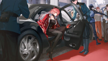 Rule 34 | 1girl, alternate costume, black car, black dress, black pantyhose, black shoes, breasts, car, changli (wuthering waves), closed mouth, colored extremities, commentary, commentary request, dress, english commentary, feather hair, high heels, highres, jacket, large breasts, long hair, looking at viewer, mixed-language commentary, motor vehicle, multicolored hair, pantyhose, people, pink hair, red carpet, red hands, red jacket, ruoruoqiu, security guard, shoes, smile, strapless, strapless dress, two-tone hair, white hair, wuthering waves, yellow eyes