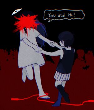 Rule 34 | 1boy, 1girl, antenna hair, bare arms, bare shoulders, barefoot, black background, black hair, black shorts, black socks, black tank top, brother and sister, censored, censored identity, closed eyes, collared shirt, colored skin, commentary, dancing, dress, english text, facing another, gradient background, hair between eyes, highres, holding hands, jump rope, kneehighs, long hair, mari (omori), mari (spirit) (omori), multicolored shorts, musical note, omo taru, omori, omori (omori), red background, shirt, short hair, short sleeves, shorts, siblings, simple background, skirt, smile, socks, something (omori), speech bubble, spoilers, standing, standing on one leg, striped clothes, striped shorts, symbol-only commentary, tank top, two-tone shorts, vertical-striped clothes, vertical-striped shorts, white dress, white shorts, white skin