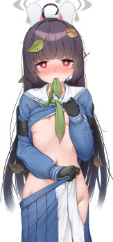 1girl absurdres ahoge black_gloves black_hair blue_archive blue_serafuku blue_shirt blue_skirt blush breasts clothes_lift commentary_request footprints gloves green_neckerchief groin hair_intakes halo headgear headset highres leaf leaf_on_head loli long_hair long_sleeves looking_at_viewer miyu_(blue_archive) navel neckerchief nose_blush open_clothes open_skirt pleated_skirt puffy_long_sleeves puffy_sleeves red_eyes sailor_collar school_uniform serafuku shirt shirt_lift simple_background skirt sleeves_past_wrists small_breasts solo underboob very_long_hair white_background white_sailor_collar yaosera