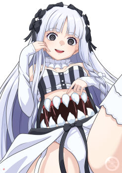 1girl :d absurdres bare_shoulders black_bow black_eyes black_shirt blunt_bangs bow braid breasts cleavage collar colored_inner_hair commentary_request detached_sleeves extra_mouth fate/strange_fake fate_(series) francesca_prelati_(fate) frilled_collar frills garter_straps hair_bow highres long_hair looking_at_viewer medium_breasts multicolored_hair multiple_hair_bows nao_suke open_mouth panties ringed_eyes saliva sharp_teeth shirt showgirl_skirt sidelocks signature simple_background sitting skirt smile solo stomach_mouth strapless strapless_shirt striped_clothes striped_shirt suspenders teeth underwear upper_teeth_only vertical-striped_clothes vertical-striped_shirt very_long_hair watermark white_background white_hair white_panties white_shirt white_skirt white_sleeves