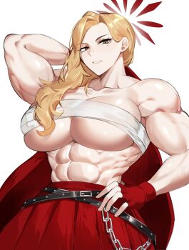 1girl abs absurdres akemi_(blue_archive) arm_up belt biceps black_belt blonde_hair blue_archive breasts chain chest_sarashi cleavage collarbone commentary crossed_belts delinquent english_commentary fingerless_gloves gloves grey_eyes hair_over_shoulder halo hand_on_own_hip highres holding holding_jacket holding_unworn_clothes jacket kazuya_(kozun) large_breasts long_hair looking_at_viewer mole mole_under_eye muscular muscular_female navel parted_lips red_gloves red_halo red_jacket red_skirt sarashi simple_background skirt solo sukeban underboob unworn_jacket upper_body veins veiny_arms white_background