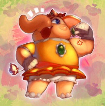 1girl animal_ears animalization blue_eyes crown dress earrings elephant elephant_daisy elephant_ears elephant_tail fang flexing flower_earrings furry furry_female gloves highres jewelry mario_(series) nintendo onimiere open_mouth orange_dress princess_daisy super_mario_bros._wonder white_gloves