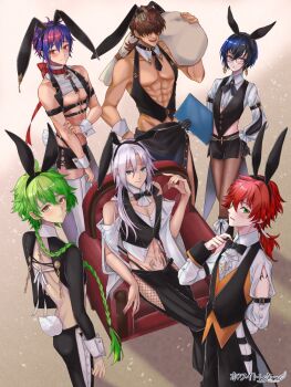 6+boys :< :d abs ahoge alpaca_connect animal_ears apron aqua_eyes arm_at_side arm_behind_back arm_rest arm_strap arm_tattoo armchair ascot asymmetrical_sidelocks back backless_outfit bare_shoulders black_apron black_boots black_bow black_bowtie black_collar black_gloves black_hair black_hairband black_necktie black_pants black_shorts black_vest blue_eyes blush boots bow bowtie braid brown_background brown_hair brown_pantyhose carrying_over_shoulder chair chest_harness clipboard closed_mouth clothing_cutout collar collared_shirt copyright_name cowboy_shot cropped_shirt cropped_vest cross-laced_clothes cross-laced_shorts cross_tie crossed_legs curtained_hair dark-skinned_male dark_skin detached_collar earrings embarrassed expressionless eyewear_strap facial_scar fake_animal_ears fake_tail feather_earrings feathers feet_out_of_frame fishnet_pantyhose fishnets footwear_bow frilled_sleeves frills frown glasses gloves green_eyes green_hair grey_eyes group_picture hair_between_eyes hair_over_eyes hair_over_shoulder hairband hand_on_own_arm hand_on_own_hip hand_up harness heterochromia highleg highleg_panties highres hip_bones hip_vent holding holding_clipboard holding_sack jewelry lapels long_hair looking_at_viewer looking_back low_ponytail male_focus male_playboy_bunny medium_hair midriff multicolored_hair multiple_boys muscular muscular_male necktie no_shirt notched_lapels o-ring_collar off-shoulder_shirt off_shoulder open_clothes open_mouth open_vest orange_vest panties pants pantyhose parted_lips partially_unbuttoned pectoral_cleavage pectorals pink_hair ponytail pubic_tattoo purple_hair rabbit_ears rabbit_tail red_bow red_collar red_eyes red_hair sack scar scar_on_cheek scar_on_face se00tu sharp_teeth shirt short_hair short_necktie short_shorts shorts shrug_(clothing) sidelocks sideways_glance single_braid single_earring sitting sleeve_cuffs sleeve_garter sleeve_slit smile standing tail tailcoat tattoo teeth thighhighs toned toned_male two-tone_hair underpec underwear vest waist_apron white_ascot white_bow white_hair white_letter white_shirt white_thighhighs white_wrist_cuffs wide_sleeves wrist_cuffs yellow_eyes