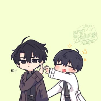 2boys ahoge black_coat black_eyes black_hair black_shirt chibi chibi_only closed_eyes coat collared_shirt curtained_hair english_text grin hair_between_eyes half-heart_hands hand_up hashtag-only_commentary heart_hands_failure highres kim_dokja kimidori_22 male_focus multiple_boys omniscient_reader&#039;s_viewpoint open_clothes open_coat outstretched_arm popped_collar shirt short_hair smile white_coat yoo_joonghyuk