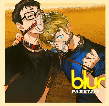 2boys animal_collar atie1225 black-framed_eyewear black_shirt blonde_hair blue_eyes blue_shirt blur_(band) brown_collar brown_eyes brown_hair collar damon_albarn earrings glasses graham_coxon highres holding holding_leash jewelry leash leash_pull looking_at_viewer male_focus multiple_boys muzzle_(mask) real_life red_collar shirt short_hair short_sleeves smile
