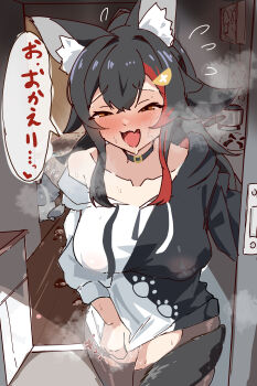 Rule 34 | 1girl, :d, absurdres, animal ear fluff, animal ears, apron, black collar, black hair, blush, breasts, collar, collarbone, commentary request, covered erect nipples, doorway, eighth note, fang, flying sweatdrops, fumitonkatsu, hair ornament, highres, hololive, hood, hood down, implied after sex, long hair, long sleeves, medium breasts, miofa (ookami mio), multicolored hair, musical note, nervous sweating, off shoulder, ookami mio, ookami mio (hoodie), open mouth, ponytail, pulling own clothes, pussy juice, red streaks, skin fang, smile, solo, spoken musical note, streaked hair, sweat, tail, tail around own leg, thighhighs, torn clothes, torn thighhighs, translation request, two-tone hoodie, virtual youtuber, white apron, wolf ears, wolf girl, wolf tail