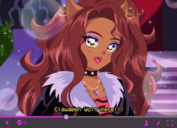 Rule 34 | 1990s fashion, 1girl, animal ears, brenni murasaki, brown hair, clawdeen wolf, commentary, dark-skinned female, dark skin, earrings, english commentary, jacket, jewelry, long hair, looking at viewer, monster girl, monster high, monster high (g1), multicolored hair, shirt, skirt, solo, wolf ears, wolf girl, yellow eyes