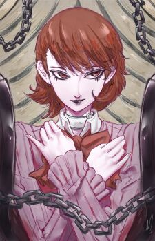 1girl absurdres amano_yoshitaka_(style) black_lips bow bowtie brown_eyes brown_hair cardigan chain choker closed_mouth collared_shirt commentary earrings english_commentary eyelashes flipped_hair gekkoukan_high_school_uniform hands_on_own_chest heart heart_choker highres jewelry long_sleeves loose_bowtie pale_skin persona persona_3 pink_cardigan red_bow red_bowtie ribbed_cardigan school_uniform shirt short_hair solo straight-on takeba_yukari upper_body white_choker white_shirt xeeoh