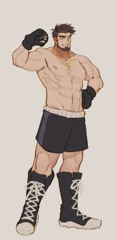1boy akairosu bara beard biceps black_hair blush boots boxing_gloves commission danny_(felixnosi) eyebrow_cut facial_hair flexing full_beard highres large_pectorals male_focus mature_male muscular muscular_male original pectorals short_hair smile solo sparse_chest_hair sparse_navel_hair standing tachi-e thick_eyebrows wrestler