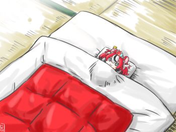 1girl :3 animal_ear_fluff animal_ears black_hair black_streaks blue_eyes commentary double-parted_bangs futon hair_between_eyes hakos_baelz highres hololive hololive_english mini_person minigirl mouse_ears mousetrap mr._squeaks_(hakos_baelz) mukagoe12324 multicolored_hair pillow red_hair smol_baelz tatami under_covers virtual_youtuber white_hair