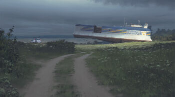 abandoned absurdres aircraft bush car cloud cloudy_sky company_name day flag_print grass highres honda_cr-v motor_vehicle no_humans outdoors plant scenery science_fiction simon_stalenhag sky spare_tire sports_utility_vehicle swedish_flag swedish_flag_print swedish_machines unused_tire