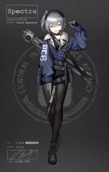 1girl absurdres bar_censor black_collar black_gloves black_pantyhose black_shirt blue_jacket boots breasts brown_boots buckle camera censored central_intelligence_agency character_name collar collarbone commentary commentary_request dated emblem english_commentary english_text fang full_body glitch gloves grey_gloves gun highres holding holding_gun holding_weapon jacket jerry_wang knife knife_sheath lace-up_boots lapels long_sleeves mk_22_pistol necktie open_mouth original pantyhose pouch sheath shirt sidelocks signature skin_fang small_breasts snap-fit_buckle solo standing strap suppressor tactical_clothes thigh_pouch trigger_discipline tripod two-tone_gloves weapon