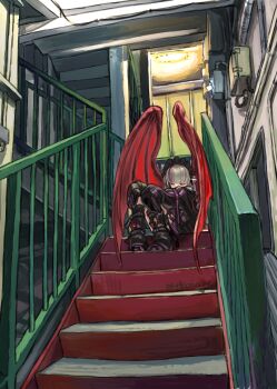 1girl absurdres black_jacket black_leg_warmers closed_eyes demon_wings hashtag-only_commentary highres jacket koze_niire leg_warmers maid_headdress makaino_ririmu makaino_ririmu_(6th_costume) nijisanji official_alternate_costume pointy_ears sitting sitting_on_stairs sleeves_past_fingers sleeves_past_wrists solo stairs virtual_youtuber wings