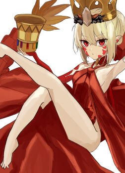1girl absurdres bare_shoulders barefoot blonde_hair breasts chalice chinese_commentary commentary crown cup dragon_tail dress facial_mark fate/grand_order fate_(series) gloves highres itagaki_rihito looking_at_viewer medium_hair nero_claudius_(fate) queen_draco_(fate) queen_draco_(first_ascension)_(fate) red_dress red_eyes scales sidelocks single_glove small_breasts solo tail