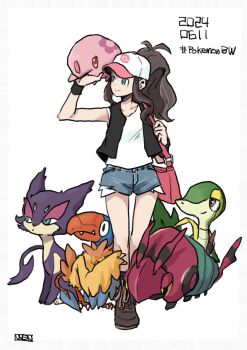 Rule 34 | 1girl, antenna hair, archen, black vest, boots, brown hair, collarbone, commentary request, copyright name, dated, exposed pocket, gen 5 pokemon, grey shorts, hat, highres, hilda (pokemon), holding strap, looking to the side, munna, nanndana, nintendo, open clothes, open vest, pink bag, pokemon, pokemon (creature), pokemon bw, ponytail, purrloin, shirt, shorts, sidelocks, signature, sleeveless, sleeveless shirt, snivy, standing, venipede, vest, white background, white hat, white shirt