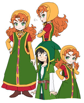 1boy 1girl black_hair commentary crossed_arms curly_hair dede_(qwea_00000) dragon_quest dragon_quest_vii dress green_eyes green_hat green_tunic hand_on_own_hip hat hat_flaps hero_(dq7) hood long_hair maribel_(dq7) multiple_views open_mouth orange_hair smile tunic