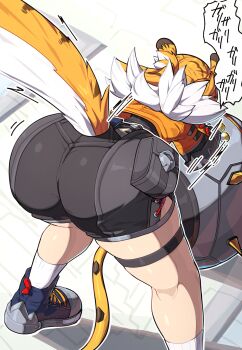 1girl animal_ear_fluff animal_ears arched_back ass bent_over black_shorts blue_shoes colored_inner_hair commentary_request elegomosu from_behind high-waist_shorts highres hu_wei_(zenless_zone_zero) jacket ju_fufu motion_lines multicolored_hair orange_fur outdoors paid_reward_available shoes shorts socks solo sound_effects striped_fur striped_hair tail thigh_strap tiger_ears tiger_girl tiger_stripes tiger_tail white_socks yellow_jacket zenless_zone_zero