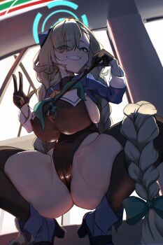 1girl absurdres asuna_(blue_archive) backlighting black_gloves black_leotard black_thighhighs blonde_hair blue_archive blue_eyes blue_halo blue_shrug bow braid breasts cameltoe cosplay covered_erect_nipples eyes_visible_through_hair gloves green_bow green_neckerchief hair_bow hair_over_one_eye halo highres kaba_(hama) large_breasts leotard long_hair long_sleeves looking_at_viewer neckerchief shimiko_(blue_archive) shimiko_(blue_archive)_(cosplay) shimiko_(magical)_(blue_archive) shrug_(clothing) solo squatting thighhighs twin_braids twintails very_long_hair