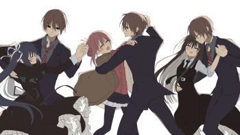 Rule 34 | 1boy, 3girls, absurdres, black dress, black hair, black leotard, black necktie, black skirt, bow, brown eyes, brown hair, brown sweater, collared shirt, commentary request, dress, grey background, grey shirt, hair between eyes, hair bow, hair bun, hetero, highres, honma misuzu, kasukasugom1, kusanagi naoya, leotard, long hair, multicolored skirt, multiple girls, natsume ai, necktie, petticoat, pink hair, red shirt, sakura no toki, sakura no uta, shirt, short hair, simple background, skirt, sweater, toritani makoto, twintails, white background, white bow, white skirt