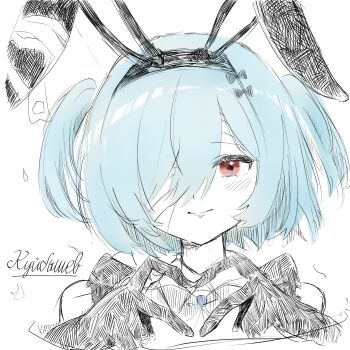 1girl aishikikan animal_ears azur_lane bandaged_head bandages black_gloves blue_hair closed_mouth commentary_request fake_animal_ears gloves hands_up heart heart_hands highres kuybyshev_(azur_lane) looking_at_viewer official_alternate_costume rabbit_ears red_eyes short_hair simple_background sketch smile solo two_side_up upper_body white_background