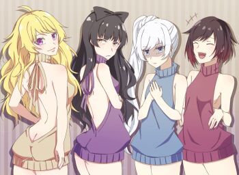 4girls ass backless_dress backless_outfit bare_back black_hair blake_belladonna blonde_hair blue_eyes bow breast_envy butt_crack closed_eyes commentary dress hair_bow halterneck laughing maguro_(guromaguro) multiple_girls naked_sweater purple_eyes red_hair ruby_rose rwby sweater sweater_dress virgin_killer_sweater weiss_schnee white_hair yang_xiao_long yellow_eyes
