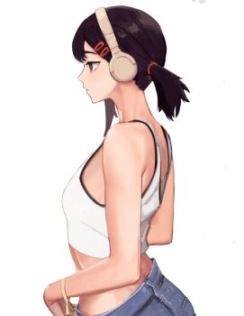 1girl absurdres bare_shoulders black_eyes black_hair breasts chainsaw_man crop_top denim hair_ornament hairclip headphones higashiyama_kobeni highres looking_to_the_side medium_breasts medium_hair midriff profile shirt side_ponytail sleeveless sleeveless_shirt solo sony tefi_blum upper_body white_background white_shirt wristband