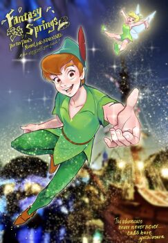 1boy 1girl blonde_hair blue_eyes breasts brown_hair bumble_tmnt dress fairy fairy_wings feathers fly_agaric green_dress green_tunic hair_bun hat_feather highres koonago looking_at_viewer mini_person mushroom pointy_ears red_feathers short_hair single_hair_bun smile strapless tinker_bell_(disney) tunic walt_disney&#039;s_peter_pan wings